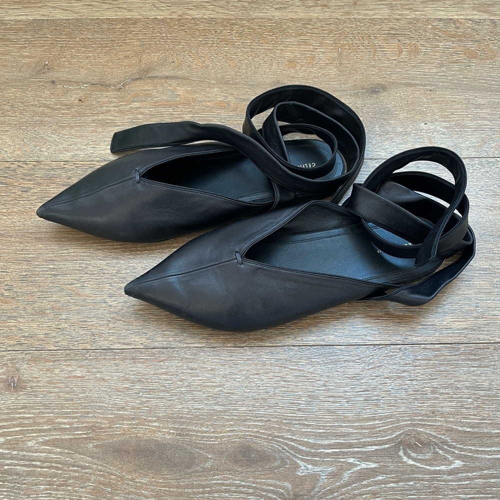 CELINE pointy-toe leather ballet flats with ankle tie knot in Black | size EU 40 - Picture 3 of 5